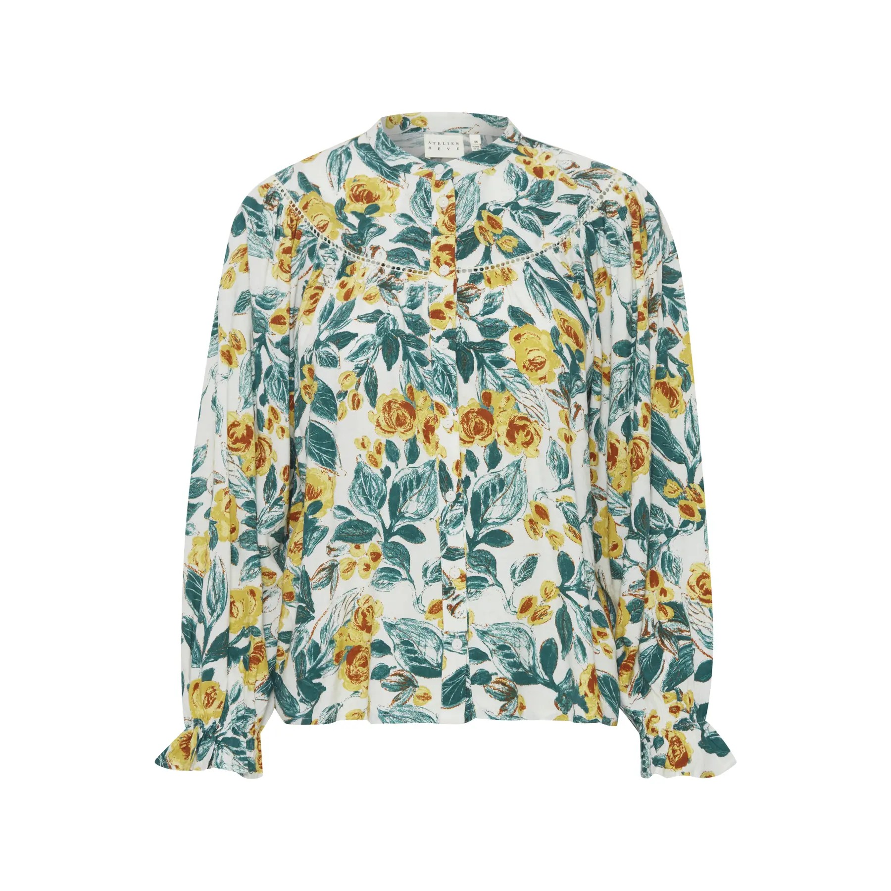 Light blue blouse with a floral pattern featuring yellow roses and green leaves, button-down front, and ruffled cuffs.