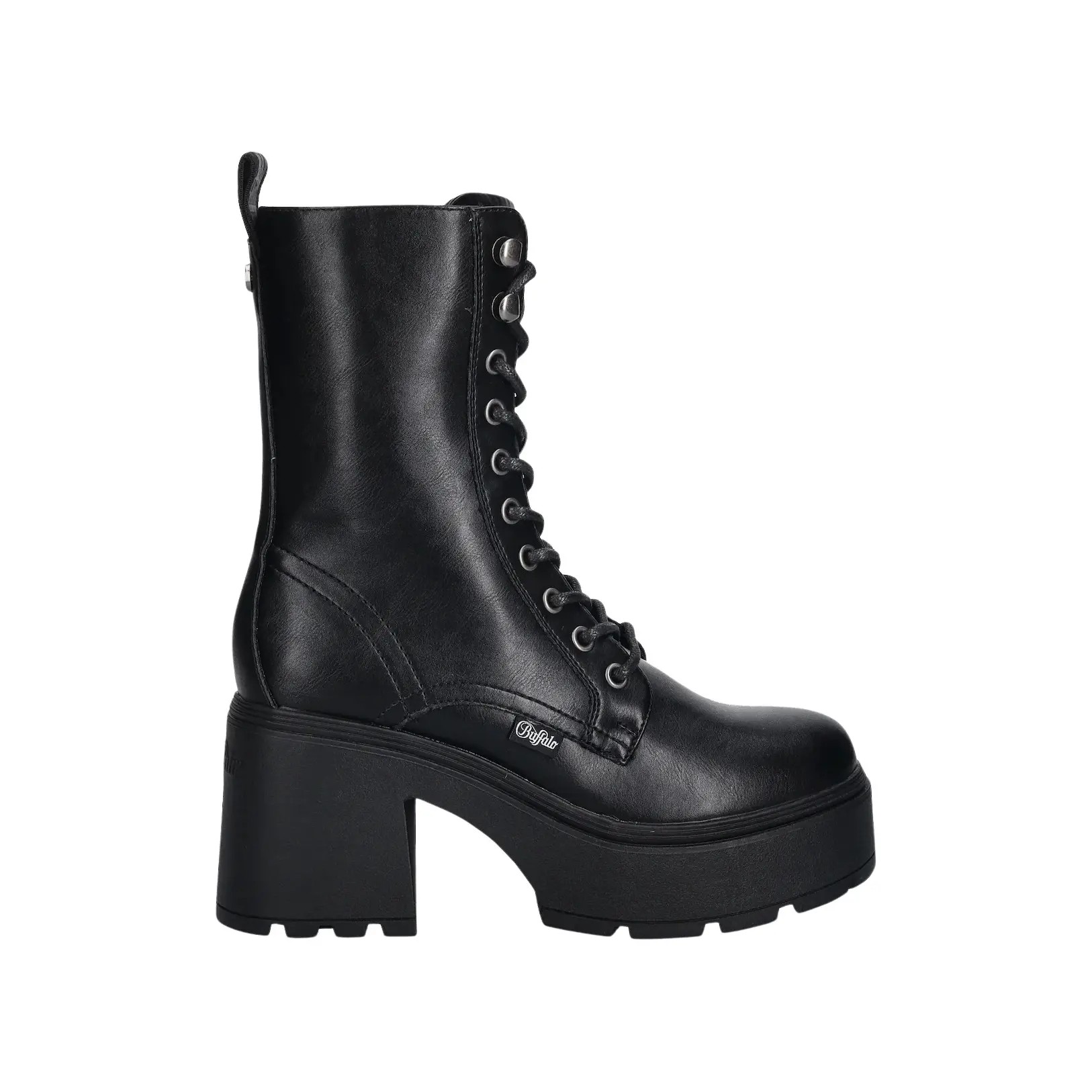 Black lace-up mid boots by Buffalo, featuring a chunky platform heel, smooth leather material, and metal eyelets for laces.