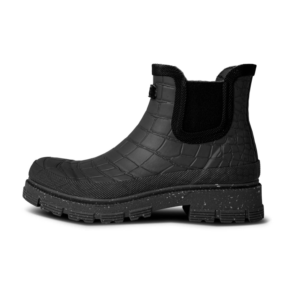 Black croc-embossed women's boots with a chunky sole, elastic side panels, and a textured finish, designed for comfort and style.