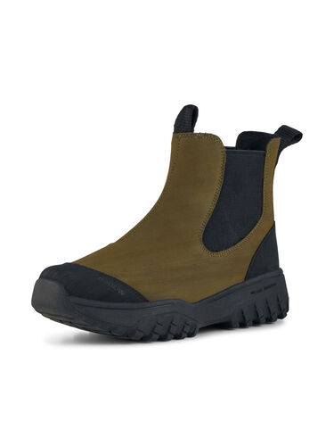 Stylish women's Woden Magda rubber boots featuring a brown upper, black elastic side panels, and a rugged black sole for enhanced traction.
