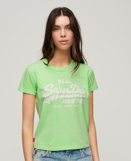 Bright green women's fluorescent T-shirt by Superdry, featuring a bold white logo print and a cropped fit, made from soft cotton material.