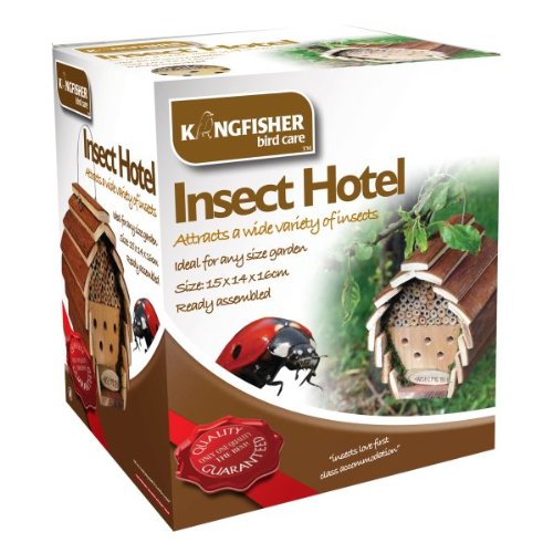 Wooden insect house with a natural finish, featuring multiple compartments for bugs, bees, and ladybirds, designed in a charming house shape, ideal for gardens.