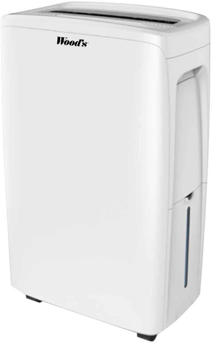 White Woods MDX14 10L dehumidifier featuring a sleek design, top air vent, and a water collection tank visible on the side.