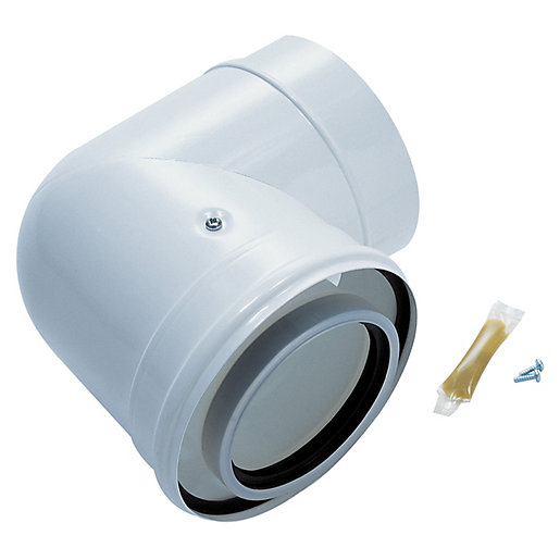 White plastic elbow fitting for oil boiler installation, featuring a smooth surface, circular opening, and accompanied by a small packet and screw for assembly.
