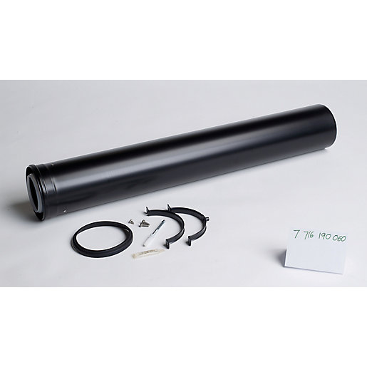 Black metal flue extension for Worcester Bosch Greenstar oil boilers, featuring a cylindrical design and accompanied by mounting hardware and seals.