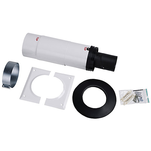 White telescopic flue kit with a black end, includes a circular flange, mounting bracket, and screws, designed for Worcester Bosch Greenstar Oil Boilers.