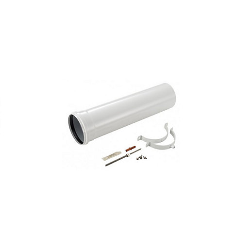 White 100mm diameter extension pipe with a smooth finish, accompanied by two metal brackets, screws, and a small tool, designed for Worcester Bosch Greenstar oil boilers.