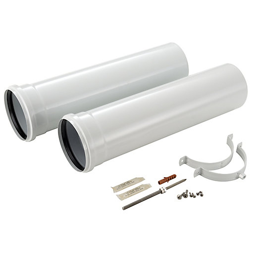 White telescopic extension kit for oil boilers, featuring two cylindrical pipes, black rubber seals, metal brackets, and various screws for installation.