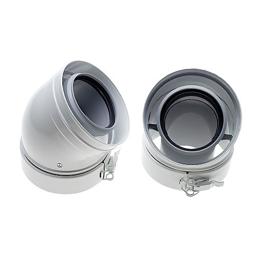 Worcester Bosch 7716191120 GB162 45-degree bend in white plastic with a smooth finish, featuring a metal clamp for secure attachment at both ends.
