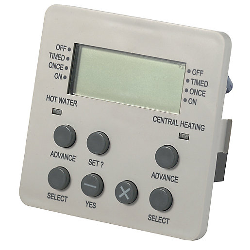 Worcester Bosch Danesmoor FS Digital Programmer in light grey, featuring a digital display, six control buttons for hot water and central heating settings.