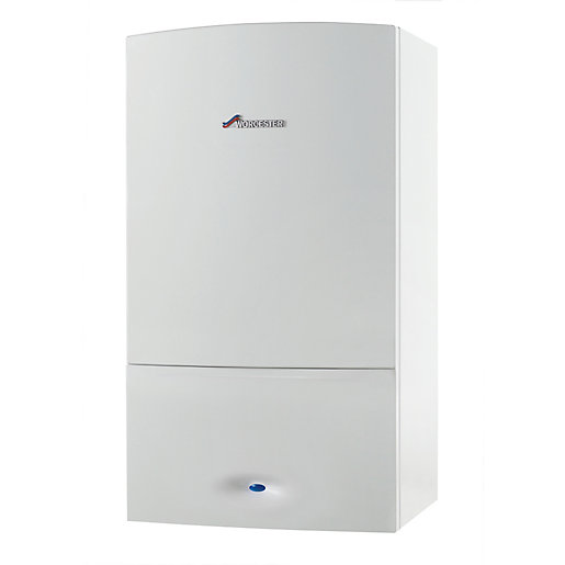 White compact gas boiler with a smooth finish, featuring a curved top, a blue indicator light, and the Worcester Bosch logo prominently displayed on the front.