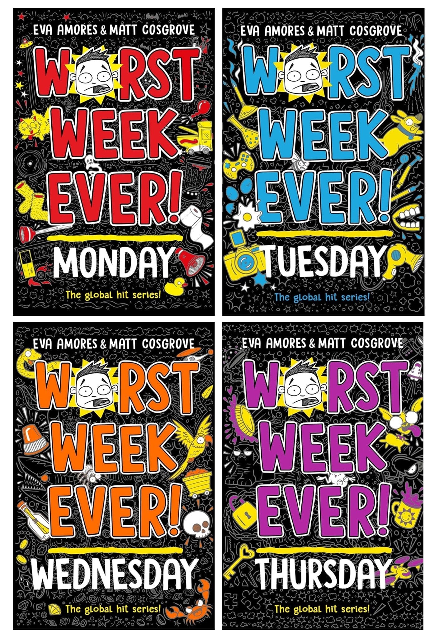 Four colorful book covers from the "Worst Week Ever" series by Eva Amores, featuring bold titles in blue, orange, purple, and black, with cartoonish illustrations and playful designs.