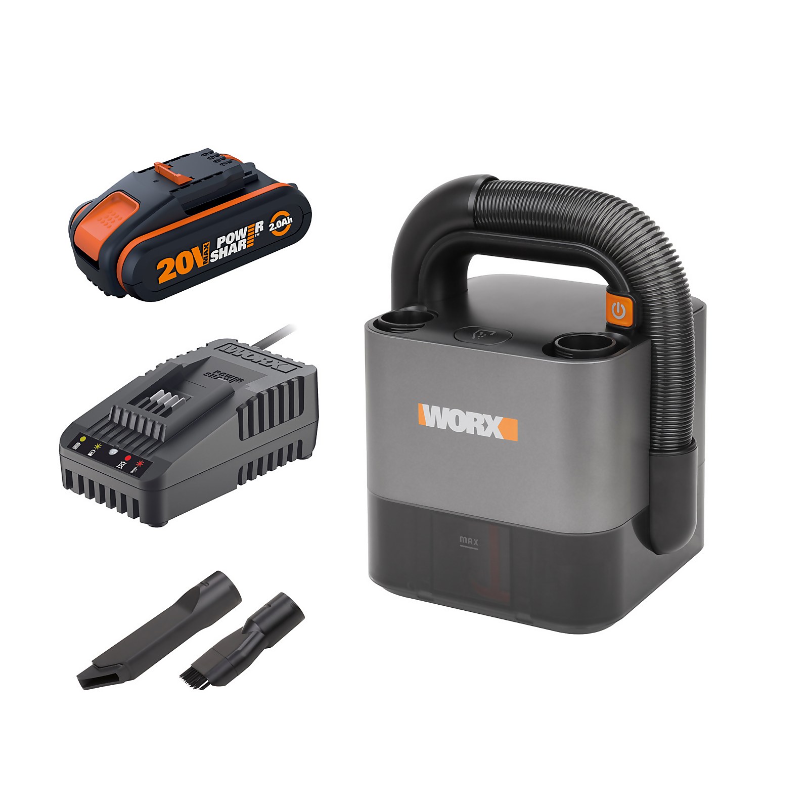 Compact grey cordless vacuum cleaner with a black handle, includes a 20V battery and charger, featuring two nozzle attachments for versatile cleaning.