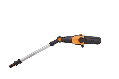 WORX WA0307 Pole Saw Head Attachment features a black and orange design with a metal extension arm, adjustable angle, and a cutting blade for trimming branches.