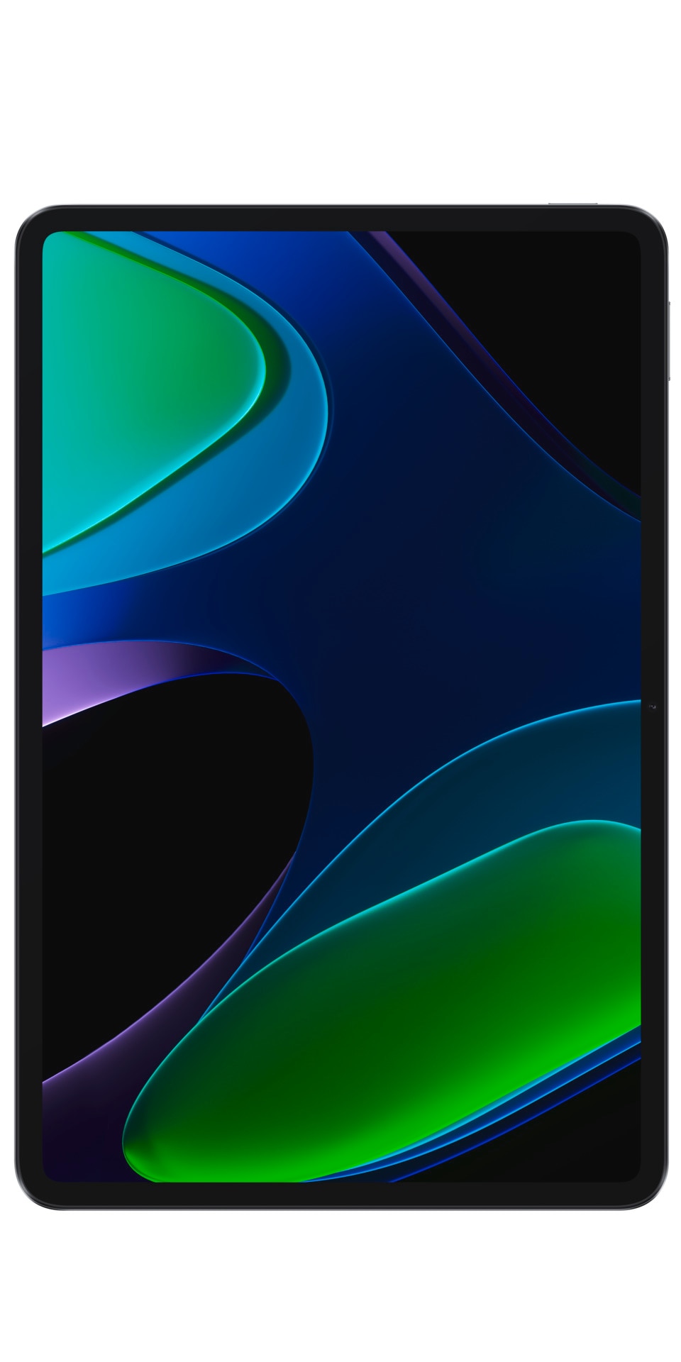 Xiaomi Pad 6 tablet featuring a sleek black frame and vibrant abstract green and blue graphics on the screen, showcasing its modern design and high-resolution display.