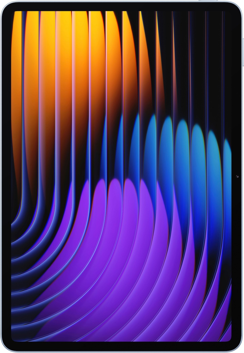 Xiaomi Pad 7 Pro in blue, featuring a vibrant display with wavy gradient patterns in orange, purple, and blue, showcasing its sleek design and high-resolution screen.