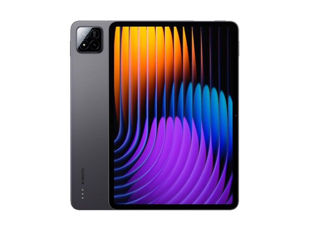 Xiaomi Pad 7 Pro in gray, featuring an 11.2-inch display with vibrant multicolored graphics, sleek design, and a rear camera in the top left corner.