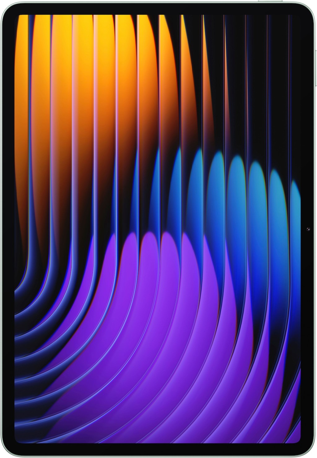 Xiaomi Pad 7 Pro in green, featuring a sleek design with a vibrant display showcasing colorful wave patterns in orange, purple, and blue hues.