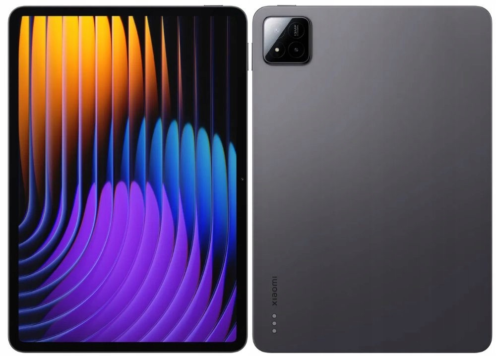 Xiaomi Pad 7 features a vibrant display with colorful waves, a sleek gray back, Snapdragon processor, 256 GB storage, and 8 GB RAM, supporting Wi-Fi 6E connectivity.