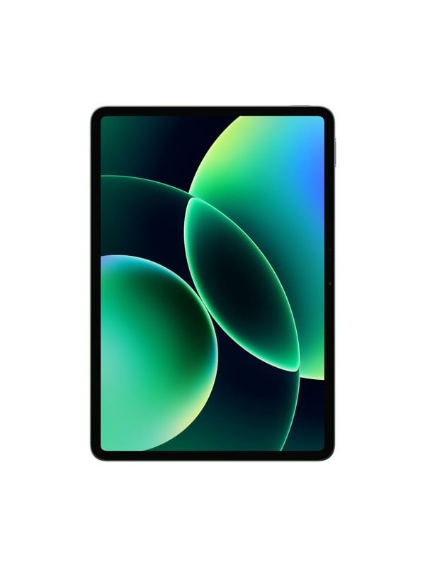 Xiaomi Pad 8 in Pine Green features a sleek design with rounded edges, a vibrant display showcasing green and blue circular graphics, and a slim profile.