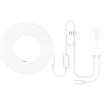 Flexible white LED lightstrip with a control unit featuring two buttons, designed for smart home integration, showcasing a sleek, modern design.