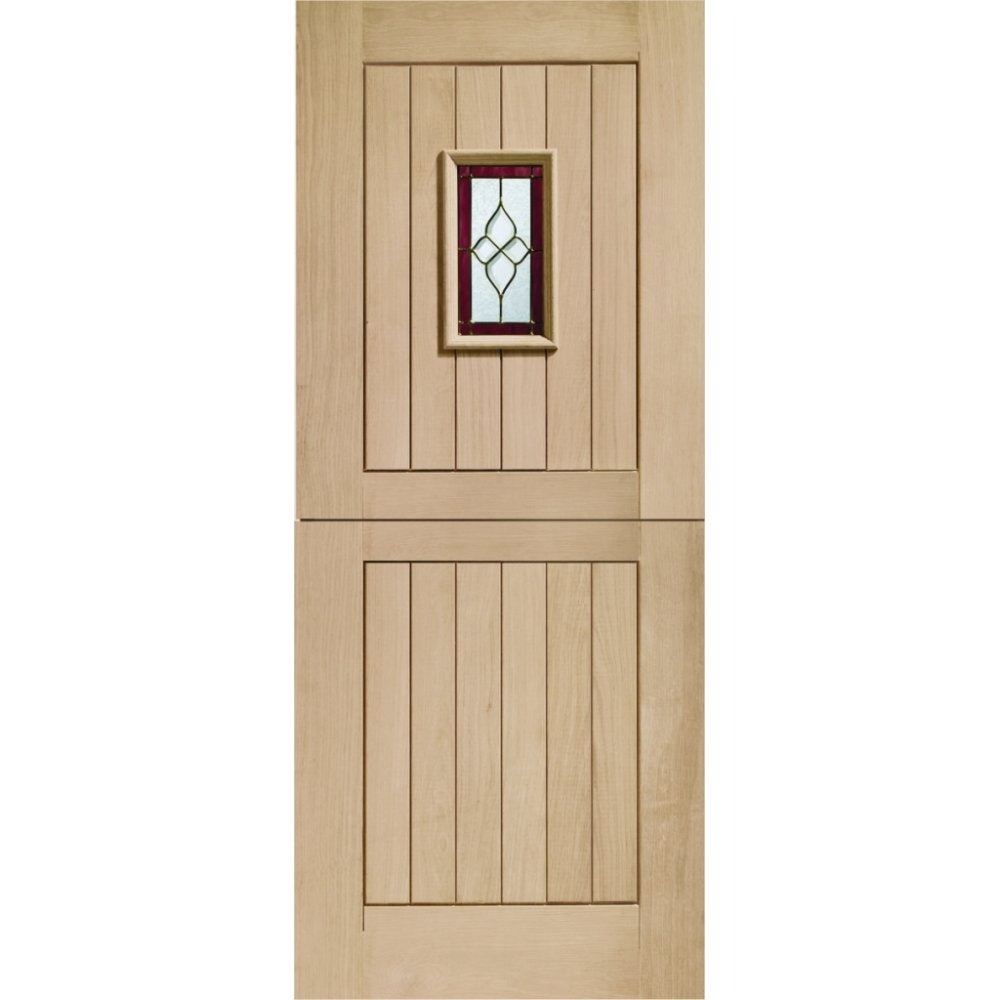 XL oak stable door featuring a mortice and tenon design, with vertical slats and a decorative stained glass panel in the center, dimensions 1981 x 838 x 44mm.
