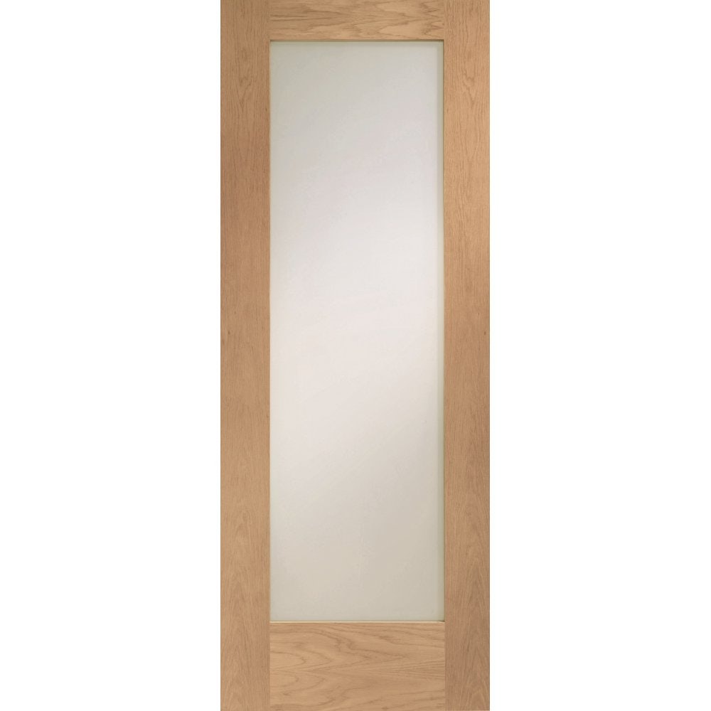 Unfinished internal oak door featuring a large clear glass panel, framed with a natural wood finish, dimensions 2032 x 813 x 35mm, design pattern 10.