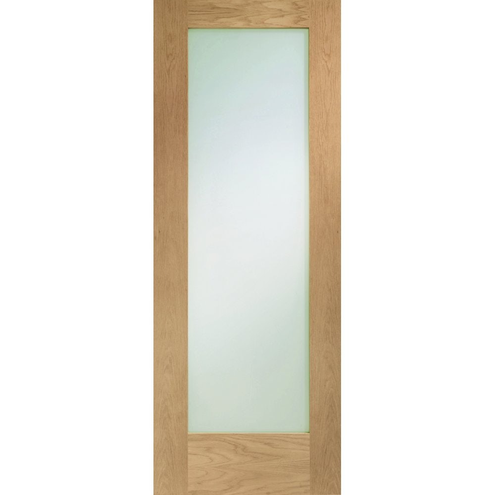 Internal oak door featuring a large central panel of opaque glass, unfinished wood with a natural grain, measuring 1981 x 610 x 35mm, designed with Pattern 10 by XL Joinery.