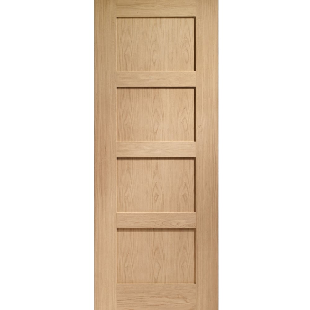 Pre-finished oak door featuring a natural wood grain, four panel design, and dimensions of 1981 x 762 x 35mm, showcasing a smooth, light-colored surface.