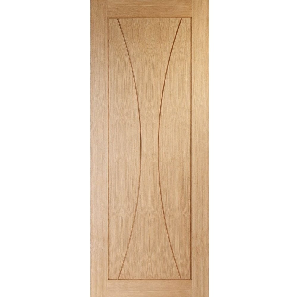 Unfinished internal oak door featuring a smooth surface with elegant curved panel designs, measuring 1981 x 838 x 35mm, by XL Joinery.