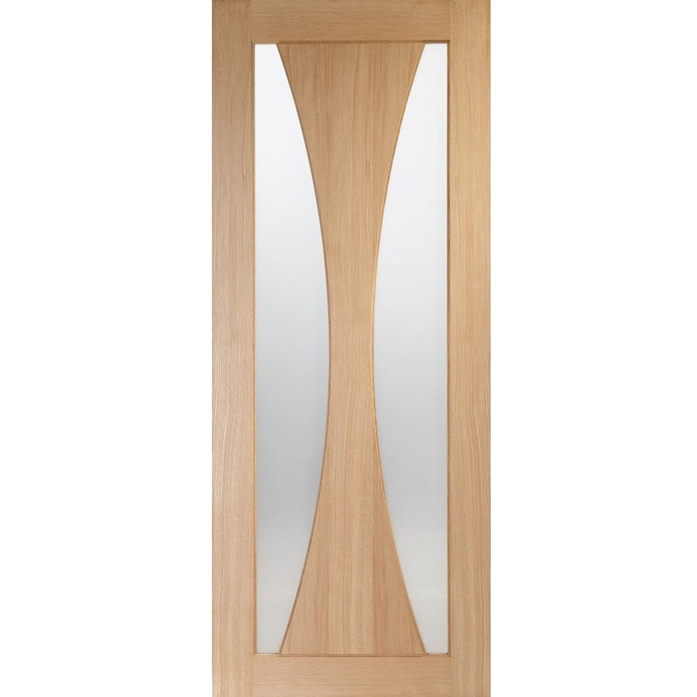 Internal oak door featuring two curved panels of opaque glass, unfinished wood surface, dimensions 1981 x 762 x 35mm, designed by XL Joinery.