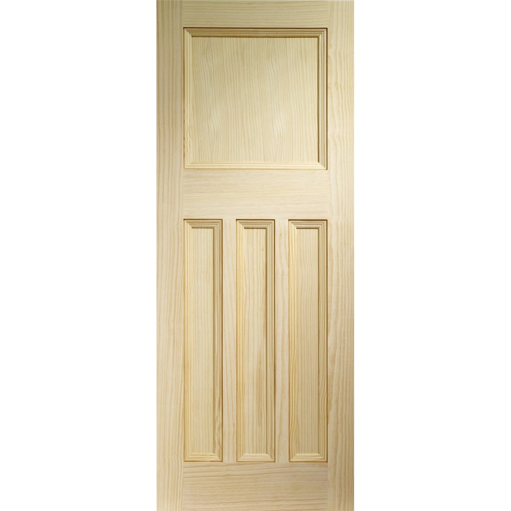 Clear pine door featuring a vertical grain design with four panels, showcasing a natural wood finish and a smooth surface. Dimensions: 1981 x 838 x 35mm.