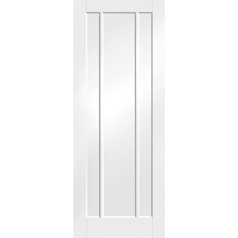 White primed internal door featuring a three-panel design, measuring 1981 x 686 x 35mm, with a smooth finish and clean lines, ideal for modern interiors.