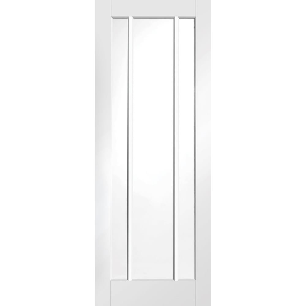 White primed internal door featuring three vertical panels and a central clear glass section, measuring 1981 x 762 x 35mm, designed by XL Joinery.