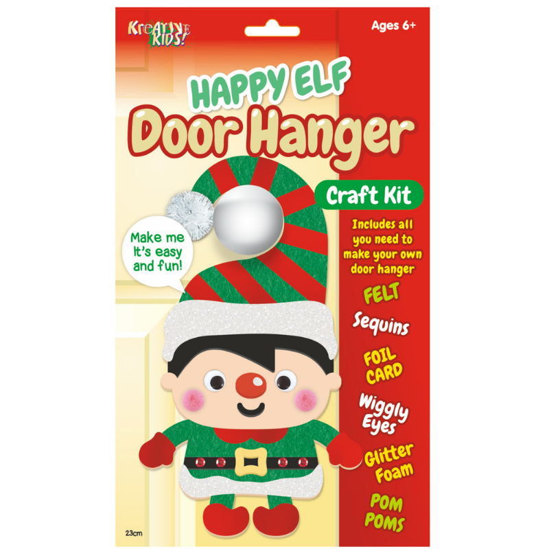 Colorful craft kit featuring a cheerful elf door hanger design, includes felt, sequins, foil card, wiggly eyes, glitter foam, and pom poms, suitable for ages 6 and up.
