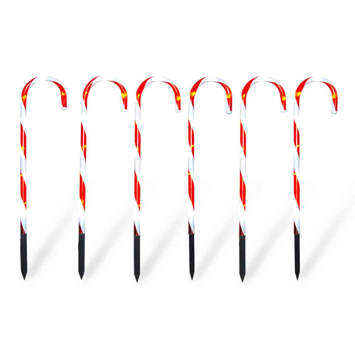 Set of 6 outdoor LED Christmas candy canes in red and white, featuring a classic striped design with pointed stakes for easy ground installation and a timer for convenience.