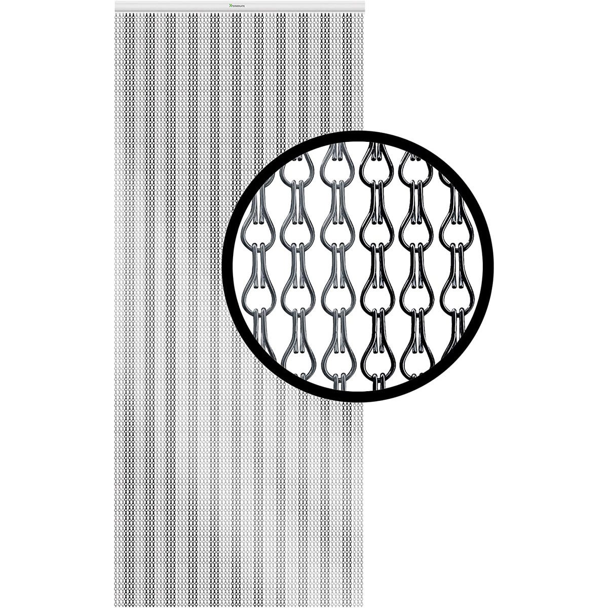 Black and grey aluminium fly chain door screen featuring a unique chain link design, ideal for keeping insects out while allowing airflow.