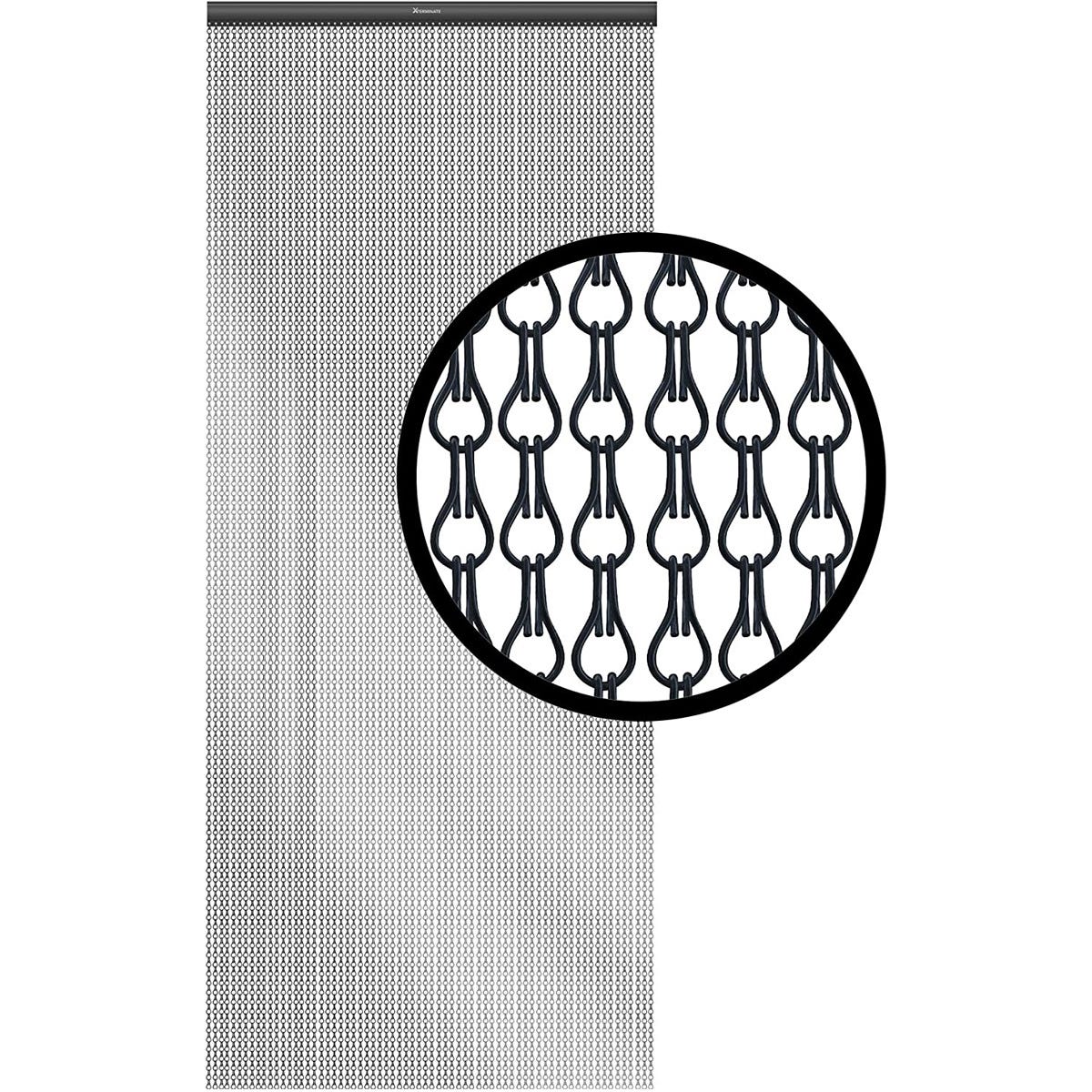 Matte black chain curtain designed for doors, featuring a mesh pattern that allows airflow while keeping flies out, with a close-up view highlighting the unique link design.
