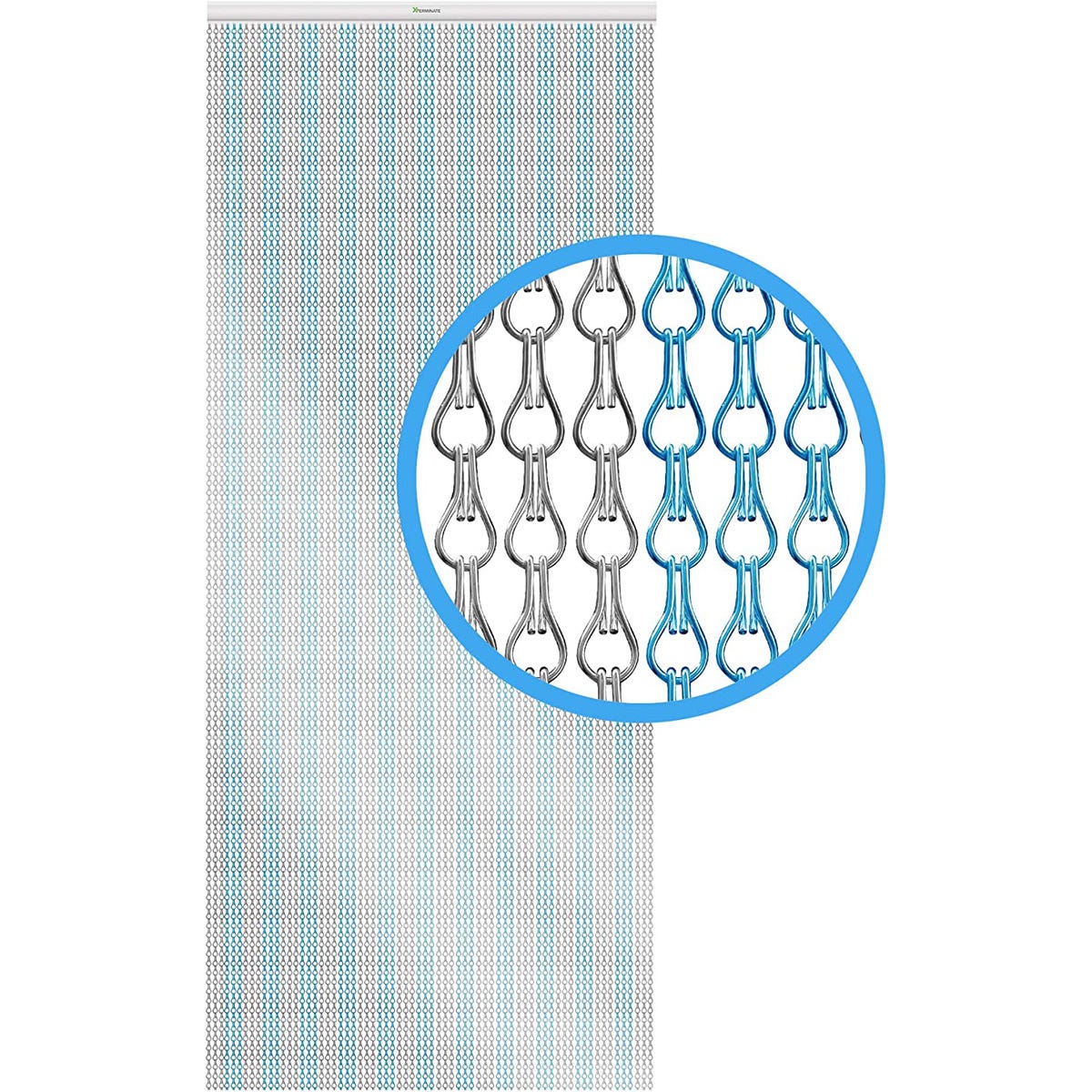 Xterminate Aluminium Fly Blind Screen Door features a blue and silver metal chain curtain design, ideal for keeping insects out while allowing airflow.