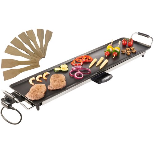 Silver VonShef XXL Teppanyaki Grill with a large cooking surface, featuring grilled meats and vegetables, accompanied by wooden spatulas.
