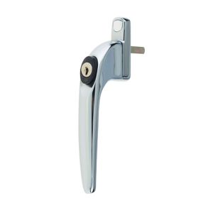 Polished chrome effect zinc alloy window lock featuring a sleek handle design, a keyhole, and a sturdy locking mechanism for enhanced security.