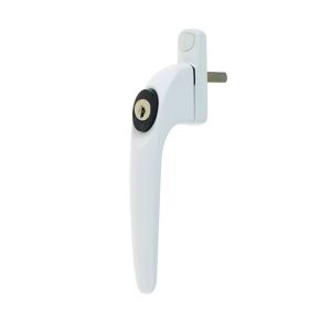 Gloss white zinc alloy window lock with a sleek handle design, featuring a black circular keyhole and a silver key insert for secure locking.