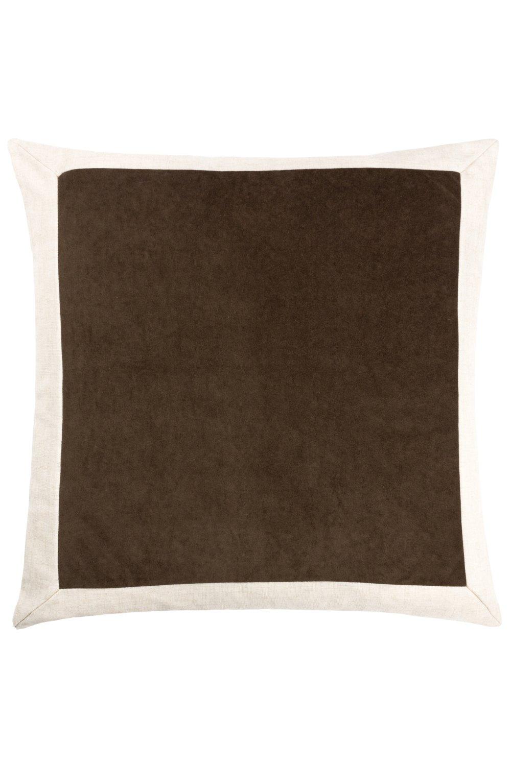 Brown velvet cushion with a soft linen border, featuring a smooth texture and a rectangular shape, designed for comfort and style.