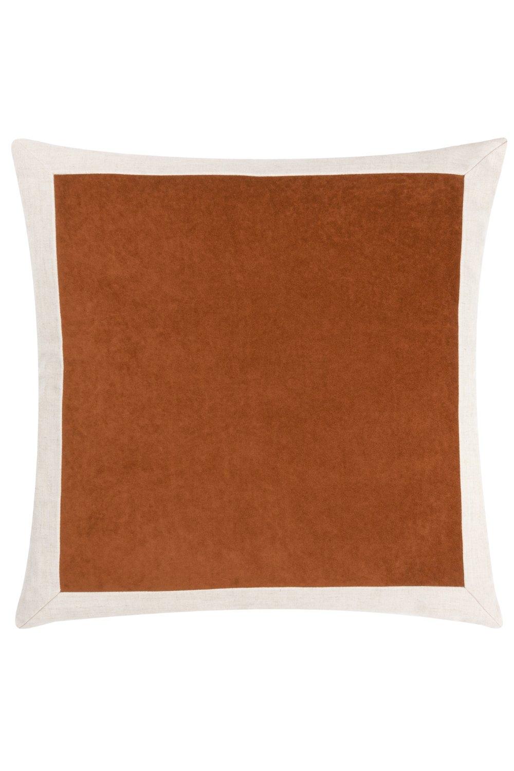 Brown velvet cushion with a linen border, featuring a soft texture and a rectangular shape, designed for comfort and style in home decor.