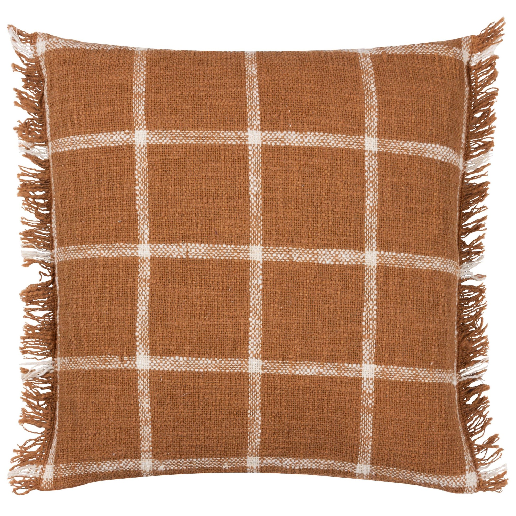 Ginger cotton cushion measuring 45 cm x 45 cm, featuring a fringed edge and a white check pattern on a textured brown background.