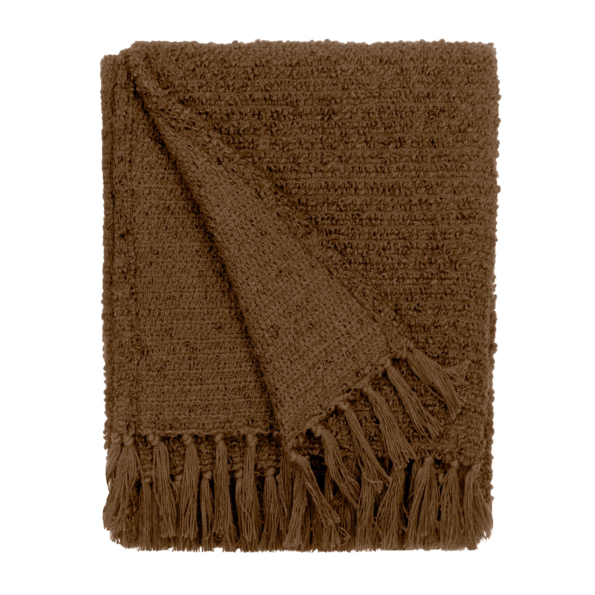 Textured brown throw blanket with fringed edges, made of soft material, folded neatly to showcase its cozy design and rich color.
