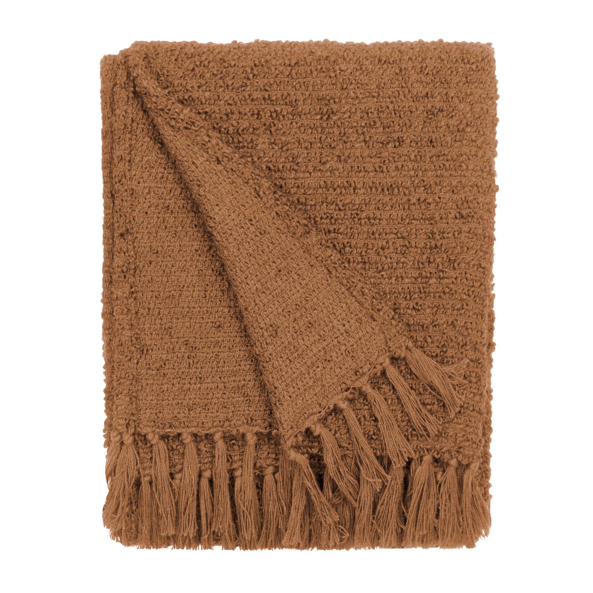 Textured ginger throw blanket featuring a soft, woven fabric with fringed edges, perfect for adding warmth and style to any space.