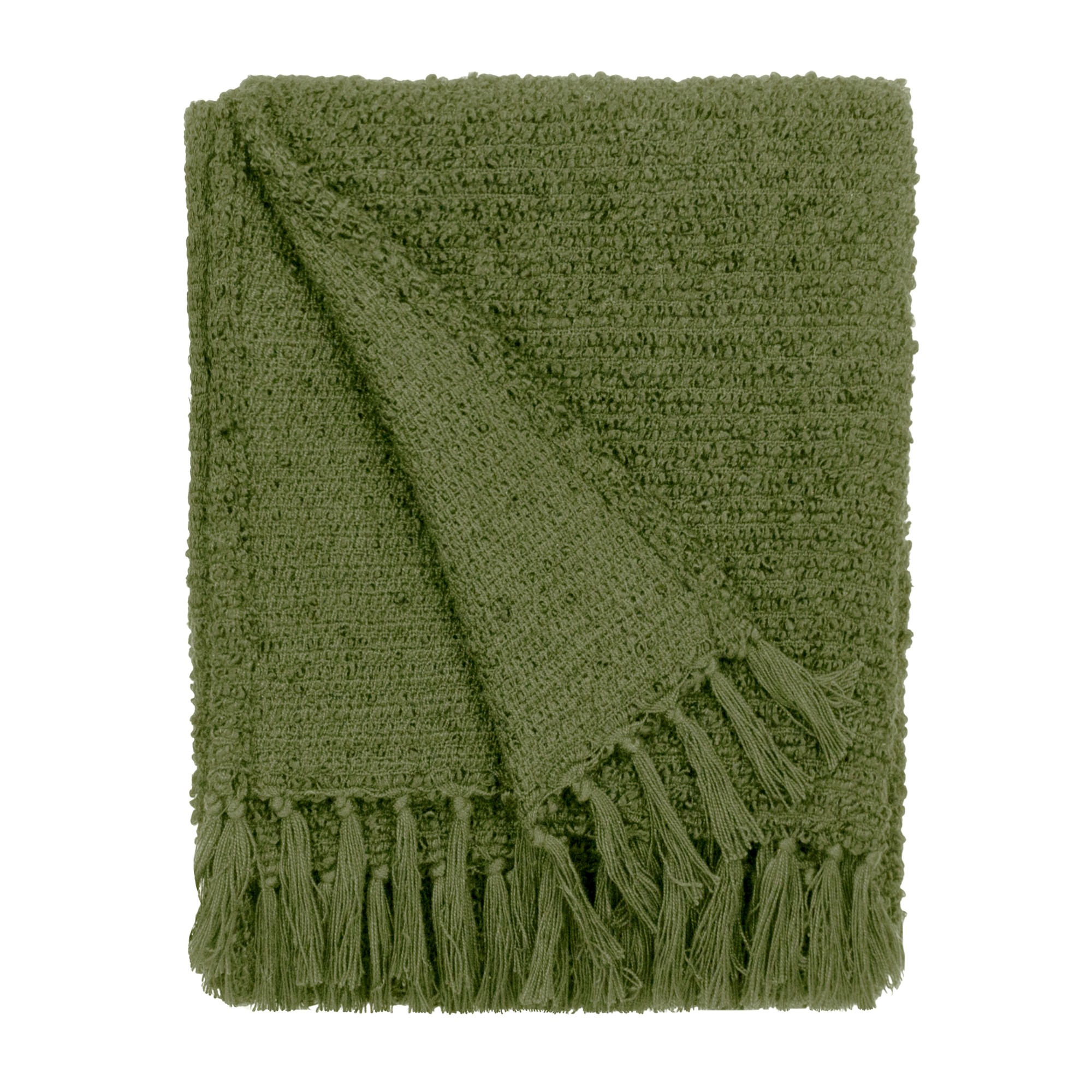 Textured green throw blanket with a soft, woven fabric and fringed edges, designed for cozy warmth and style, measuring one size.