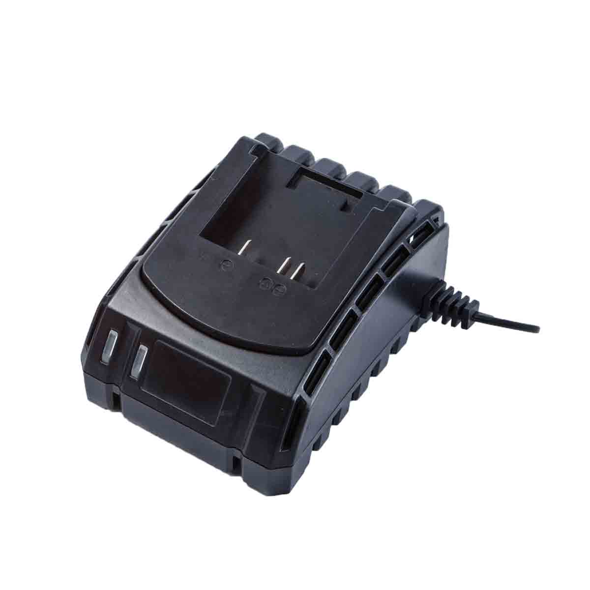 Black 20V charger with a textured surface, designed for Yard Force CR20 range products, featuring a slot for battery insertion and a power cord attached.