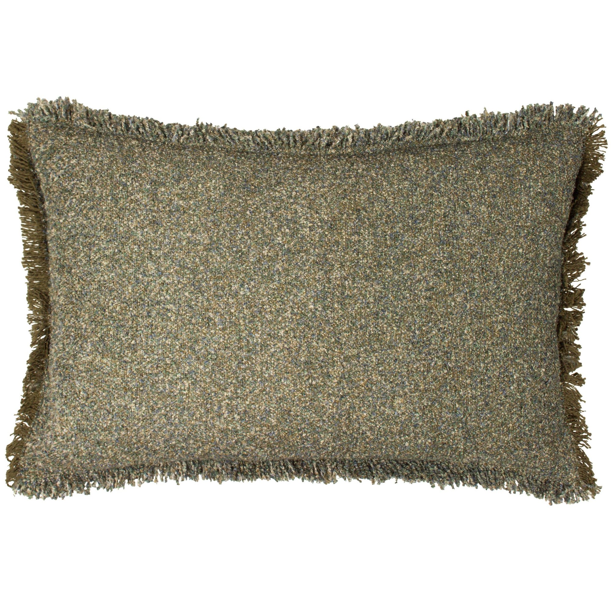 Reversible filled cushion in green polycotton, featuring a textured surface and fringed edges, measuring 40 cm x 60 cm.